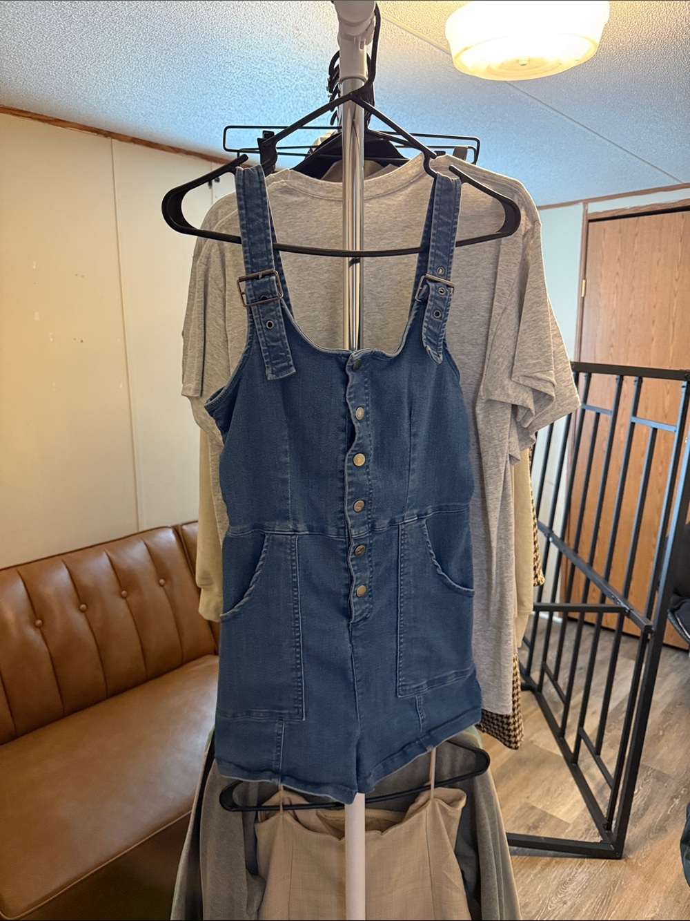 Denim Button-Front Overall Romper - Blue